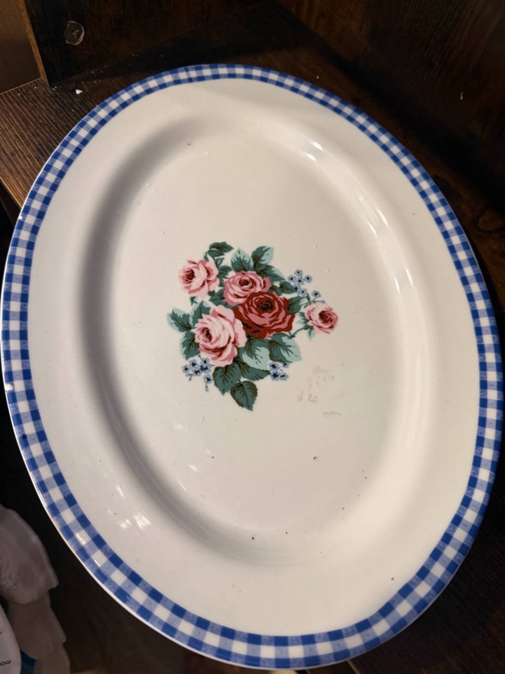 Floral Rose Gingham Rim Ceramic Serving Platter - White & Blue